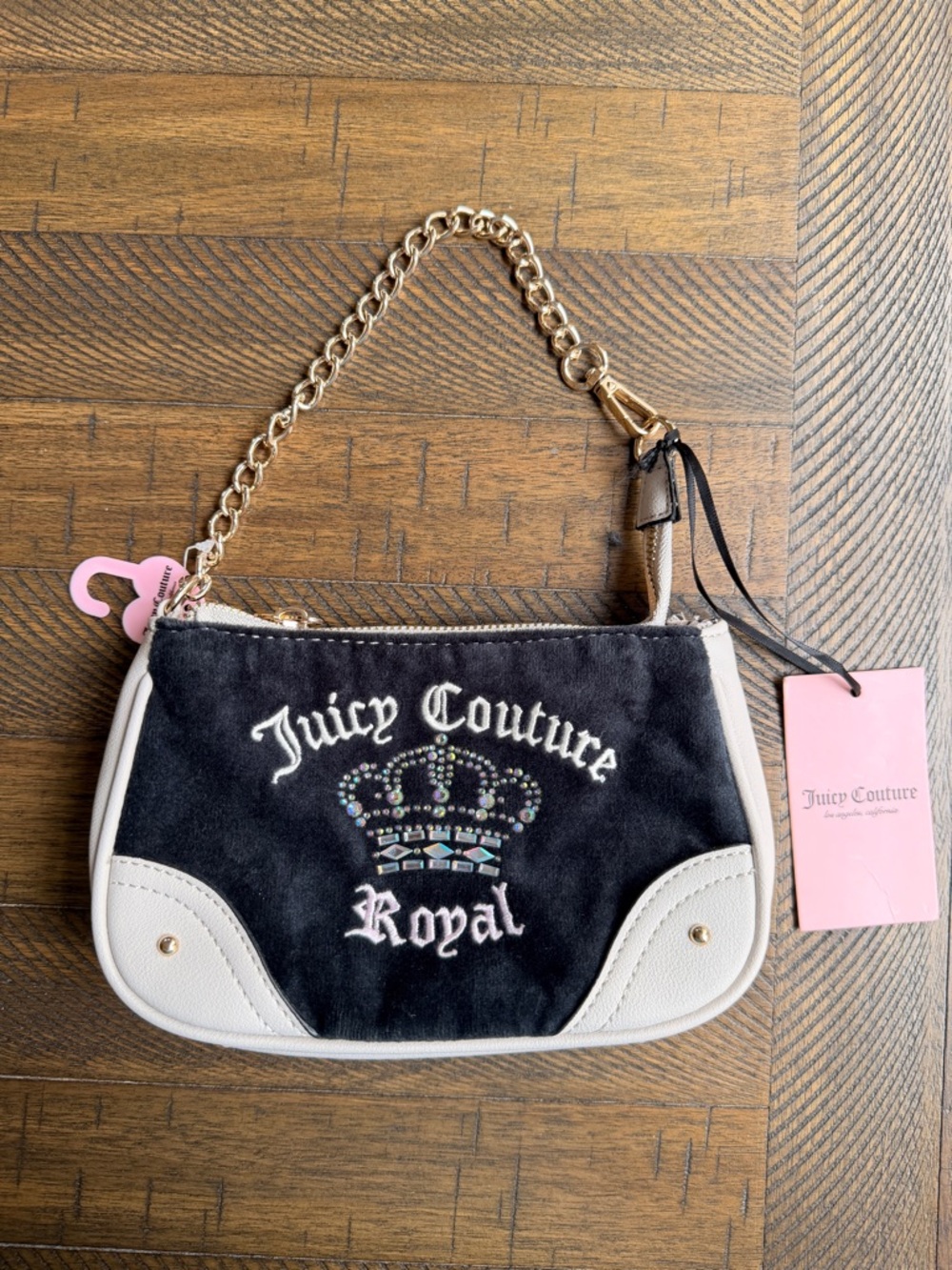 Juicy Couture Y2K Velour Rhinestone Crown Mini Bag Wristlet Black NWT
